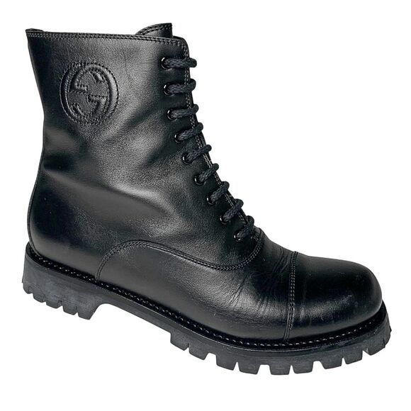 Gucci Royan Lace Up Combat Ankle Boot EU 38 US 8 Black Leather Double GG Logo - Picture 1 of 10